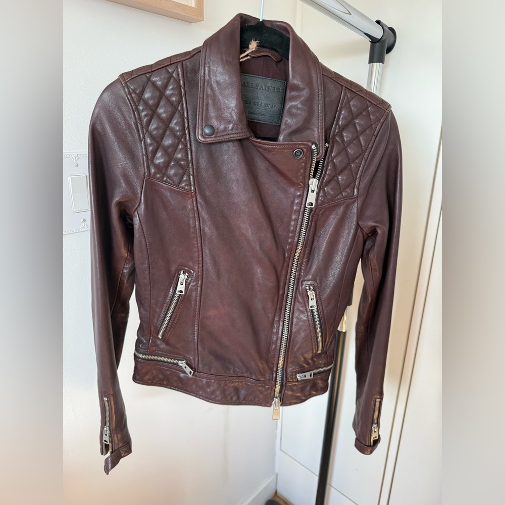 All Saints Women's Burgundy Leather Jacket - sz. Small